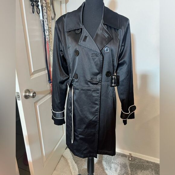 Forever 21 Black Faux Satin Belted White Trim Double-Breasted Trench Jacket Med - Picture 5 of 9